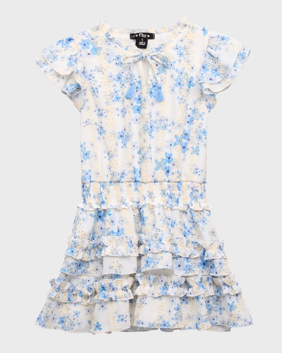 Girl's Floral Tiered Short-Sleeve Dress, Size 4-6